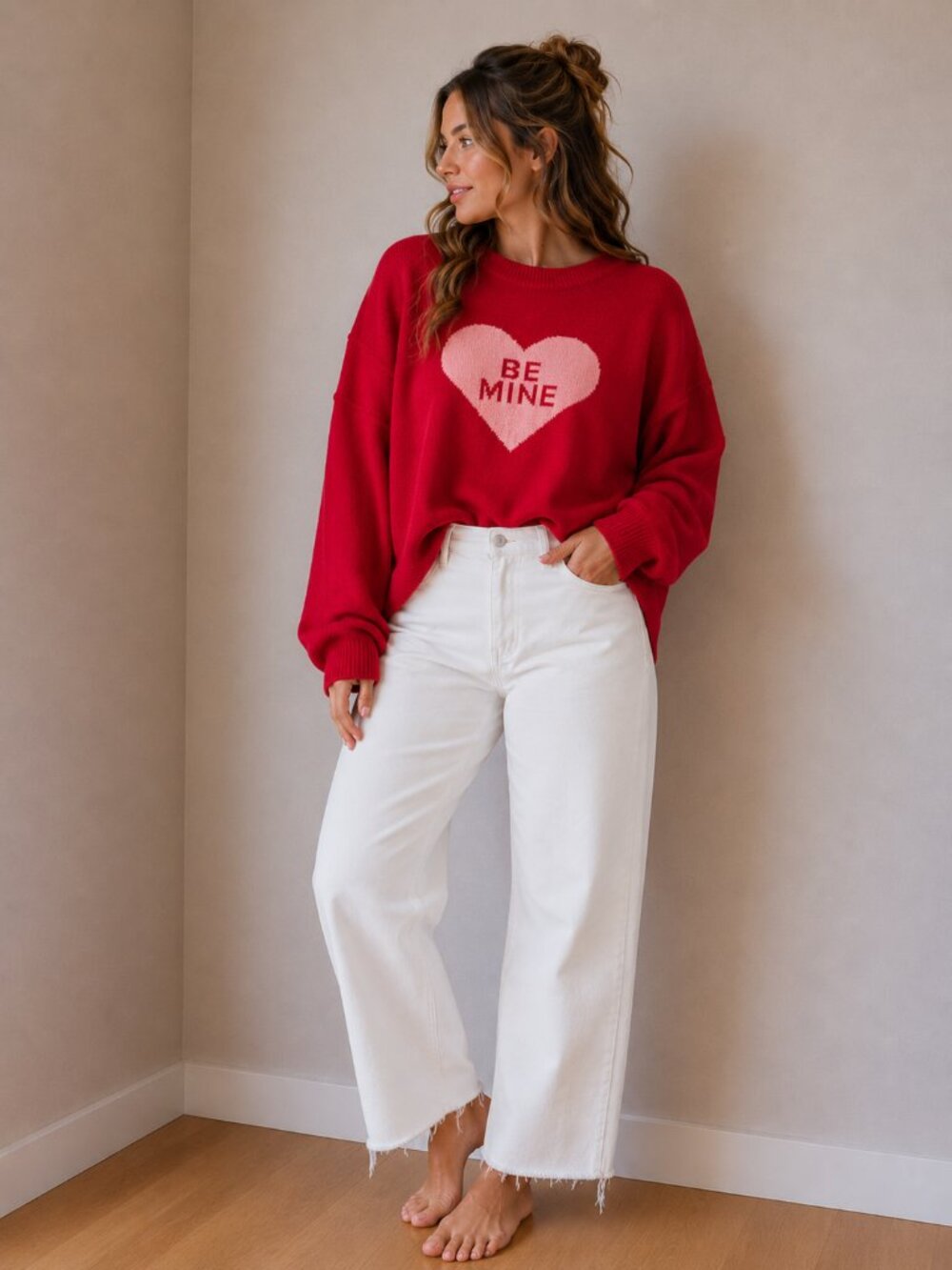 Vince Camuto Red Crewneck Sweater with Pink Heart "BE MINE"